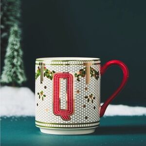 Anthropologie Bistro Tile Stoneware Monogram Q Festive Edition Coffee Tea Mug